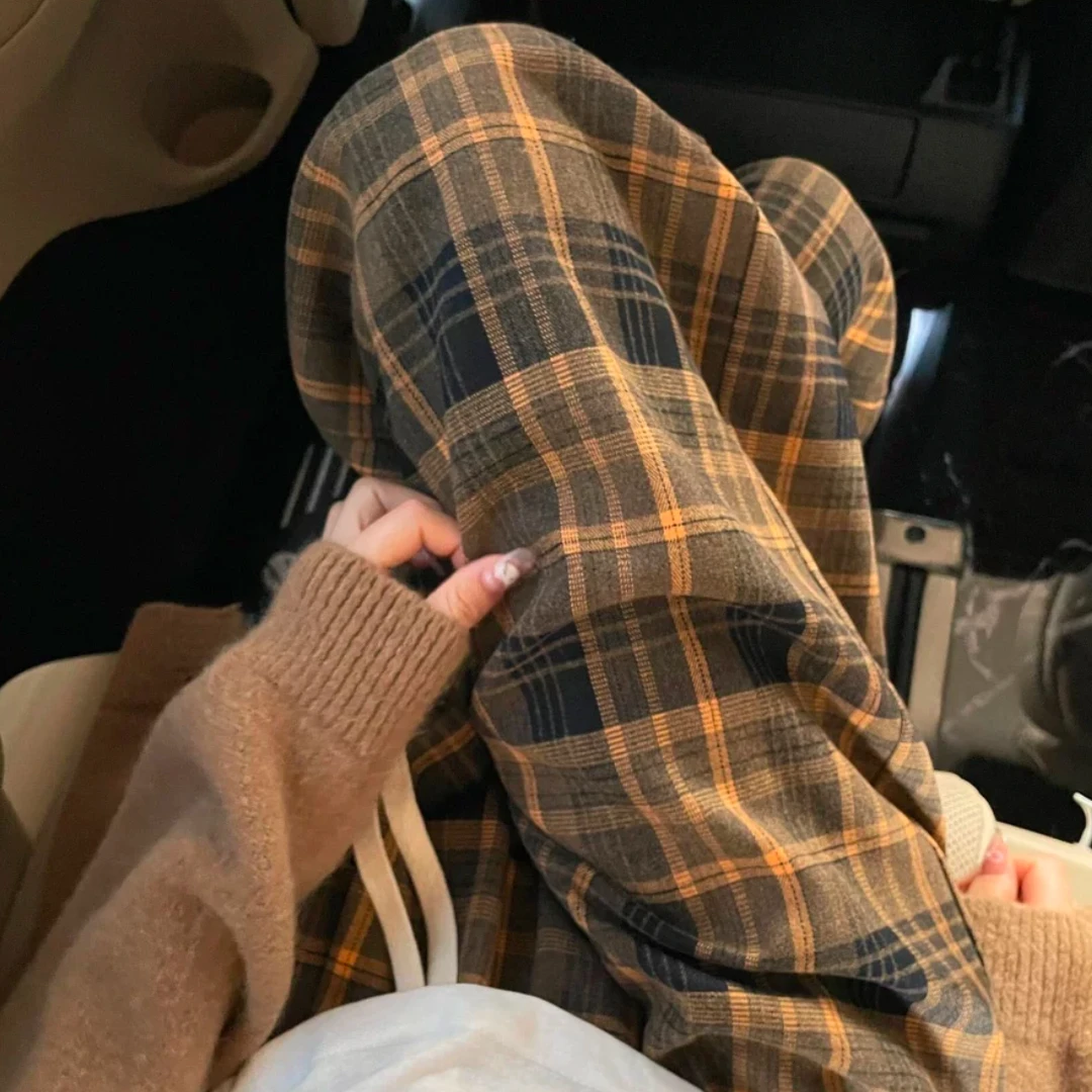 巴恩风复古磨毛格子裤慵懒垂感2024外穿直筒休闲宽松百搭拖地长裤