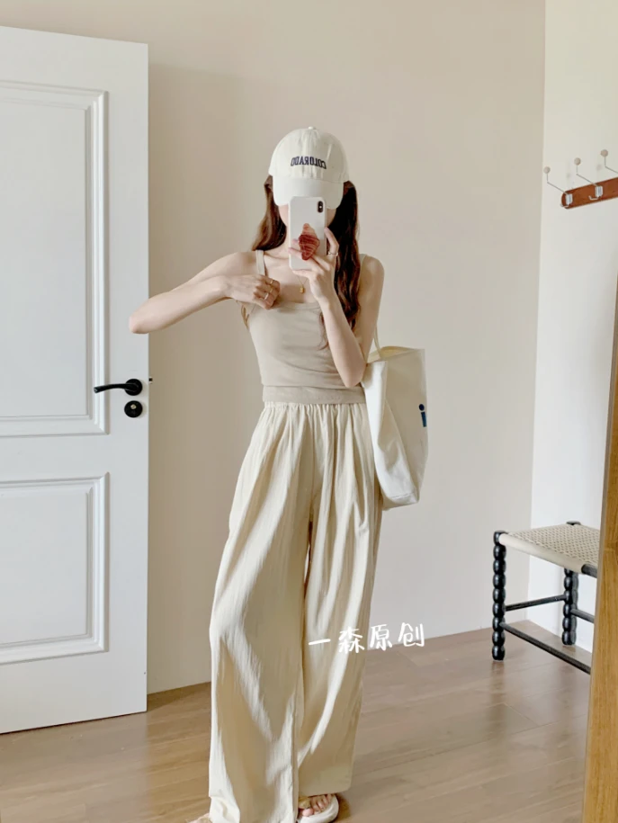 凉感山本2025夏高腰垂坠休闲蓝色白裤子女款爆款2025九分裤