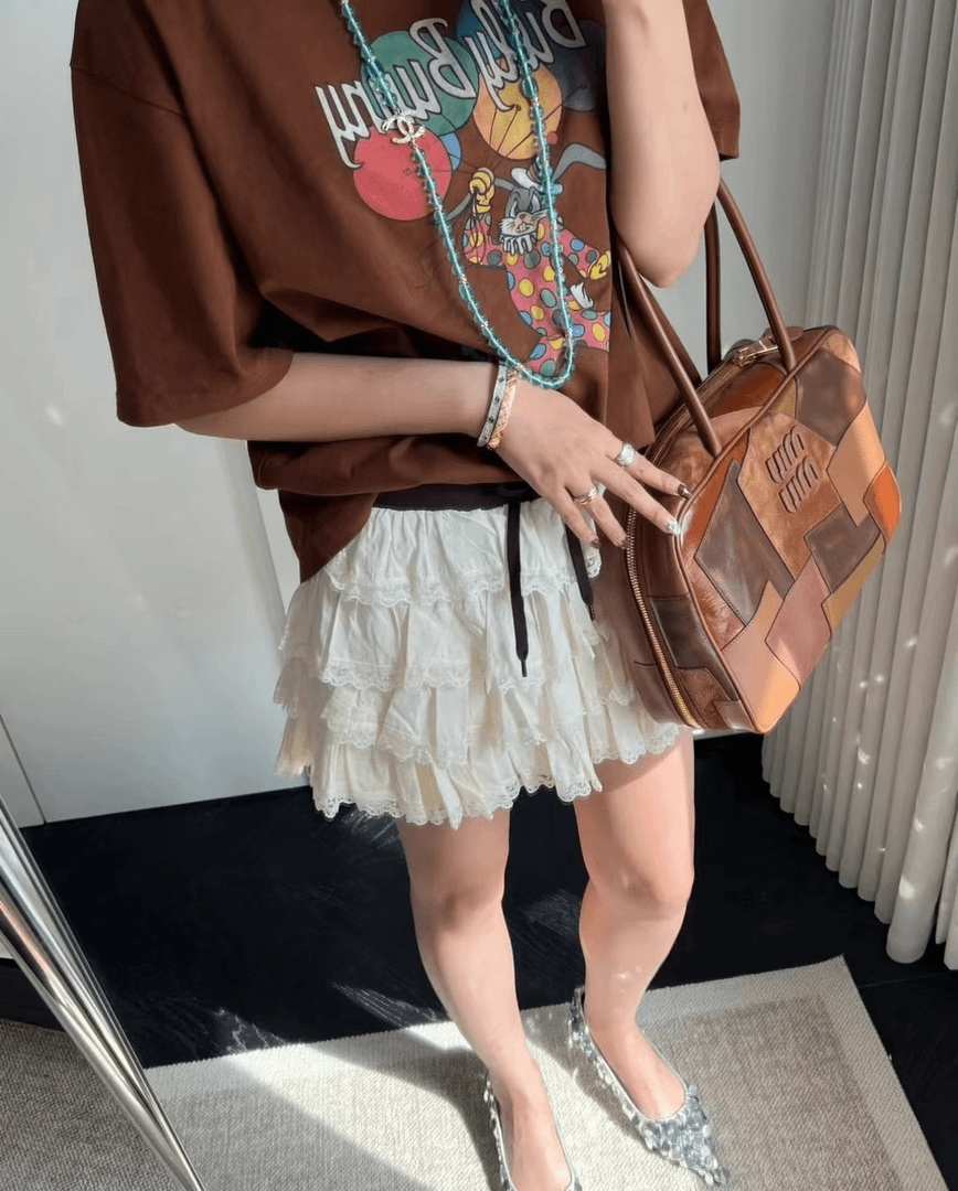 24Ss原创设计师款芭蕾风撞色松紧腰荷叶边蕾丝蓬蓬蛋糕短裙 纯棉