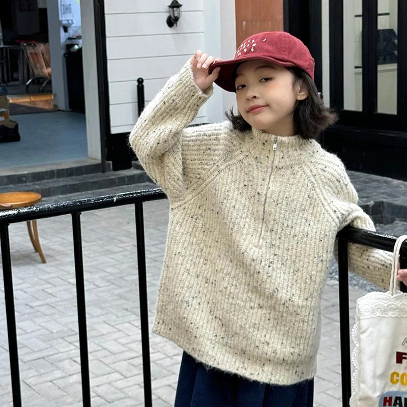 女童毛衣2024秋季新款半高领拉链韩版宽松圆领针织衫百搭休闲上衣