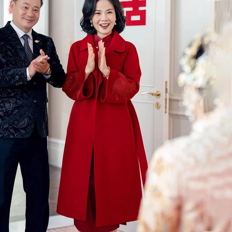 妈妈装婚礼酒红色羊毛呢大衣秋冬季新款无双面呢外套中长款喜婆婆