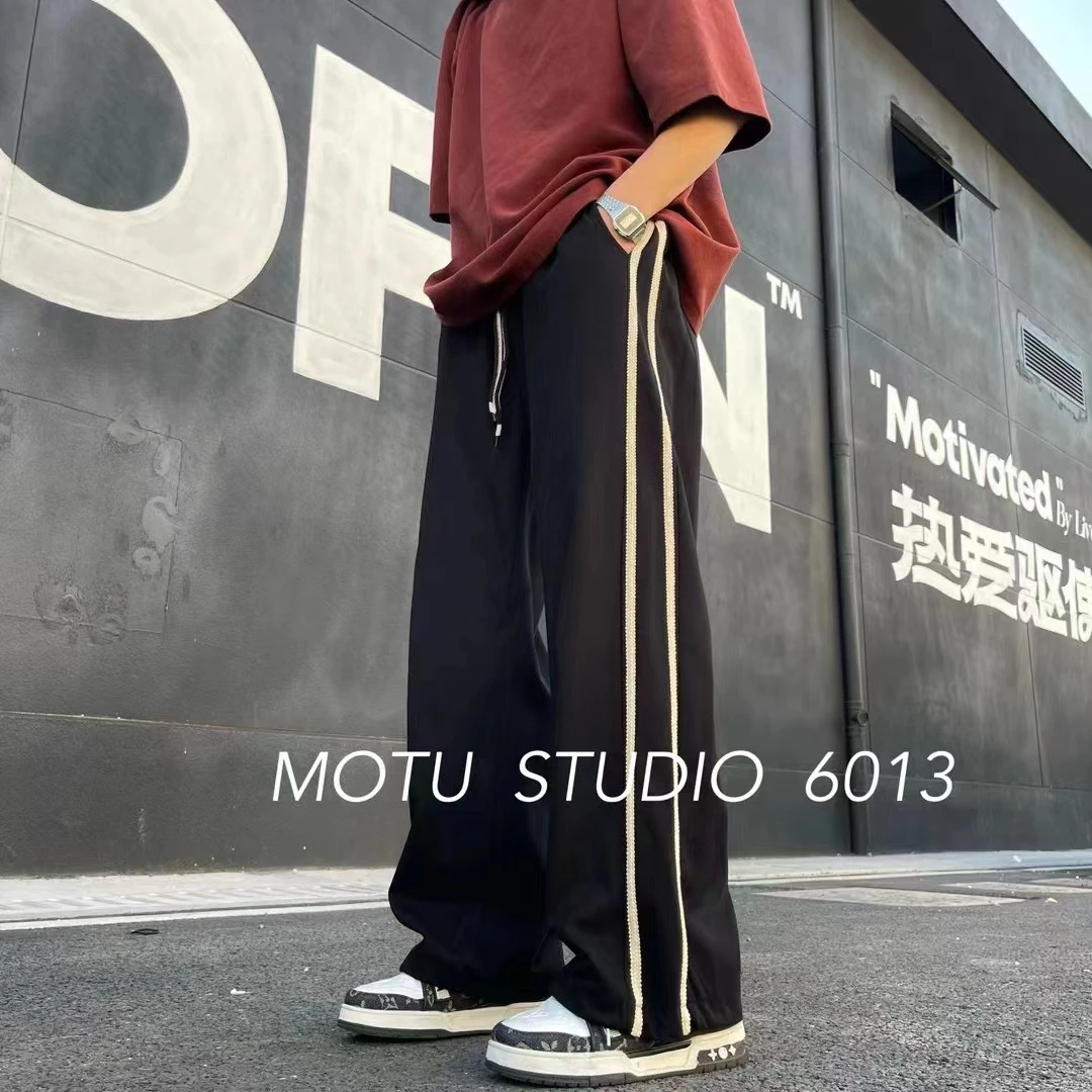 美式夏季高街潮流抽绳韩版拼接秋季宽松直筒休闲裤
