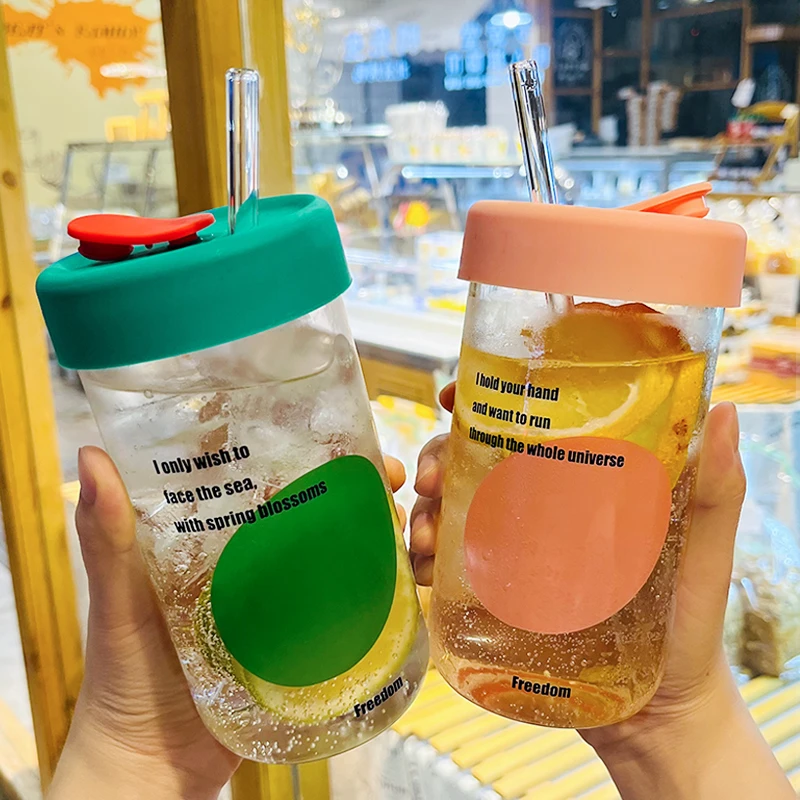 耐热玻璃吸管杯便携水杯学生喝水糖果色简约系个性潮流带盖吸管杯