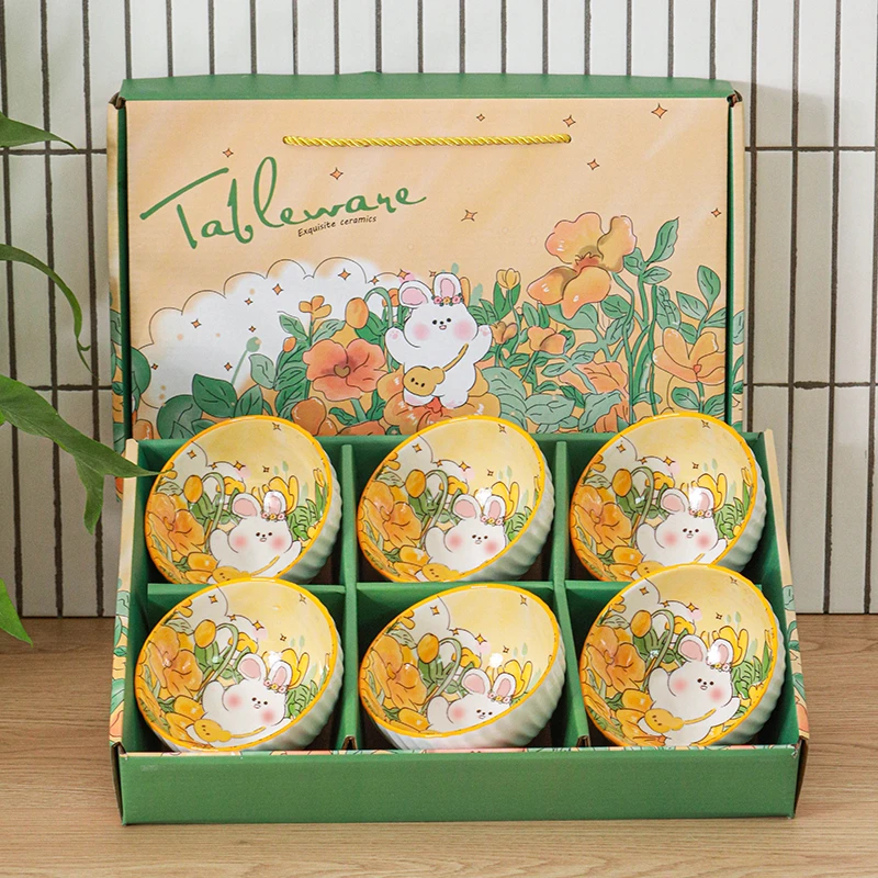 【花中兔6碗】春日卡通花与兔系列米饭碗6只个性吃饭完易清洗礼盒装