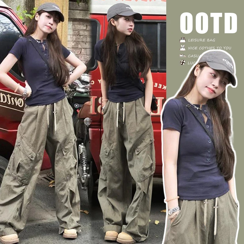 孕妇装夏季2024潮款时尚美式复古设计感T恤抽绳薄款工装阔腿裤子