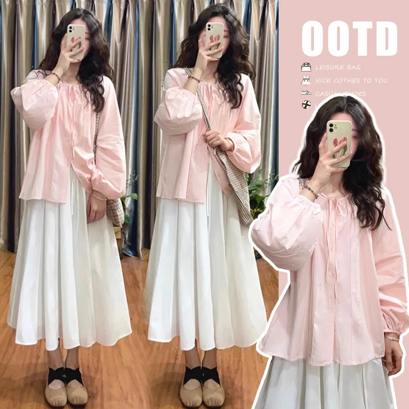 孕妇装秋装新款时尚甜美灯笼袖娃娃衬衫休闲宽松托腹半身裙两件套