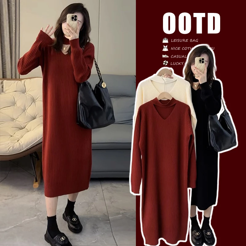 孕妇连衣裙2024新款时尚高级感V领加厚针织毛衣孕妇裙中长款冬季