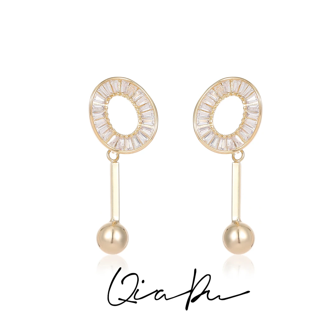 铜合金合成锆石耳饰 【两情相悦】显瘦椭圆珠珠吊坠耳钉A1036