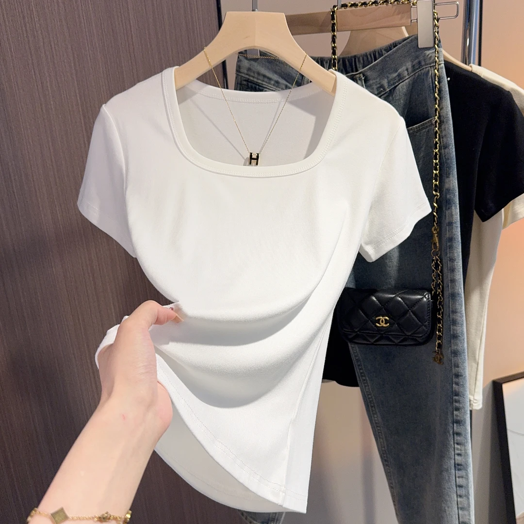 2024夏装新款方领露锁骨纯色短袖T恤女修身螺纹显瘦正肩百搭上衣