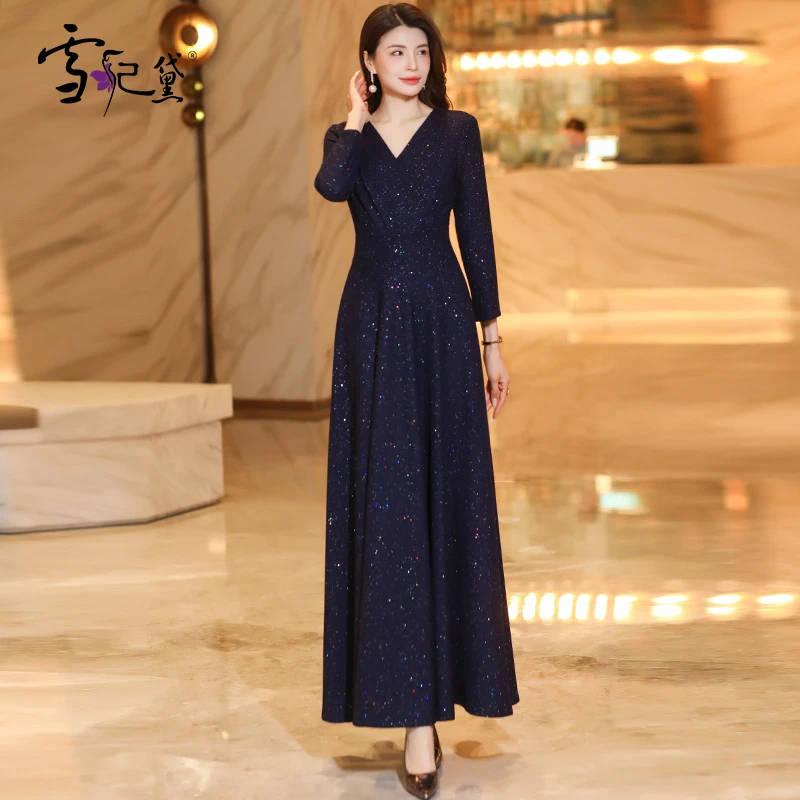 春秋藏蓝色长袖连衣裙女长款2025新款高级感正式场合职业大摆气质