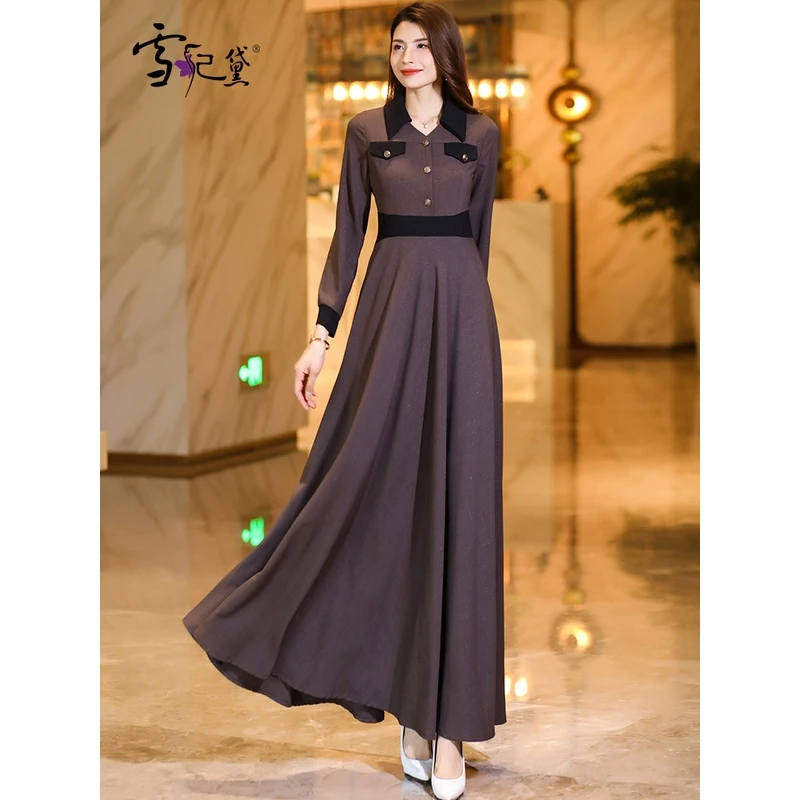 春秋长袖咖色polo领连衣裙女长款到脚踝2025新款正式场合超长大摆