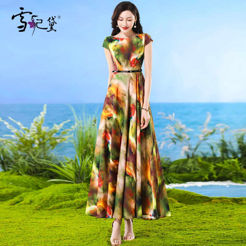 夏季花色时尚连衣裙女长款到脚踝2023新款减龄显瘦超长短袖大摆裙