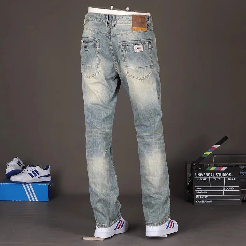 维斯克纳春夏季欧美潮牌牛仔裤男士复古怀旧重磅宽松直筒大码长裤