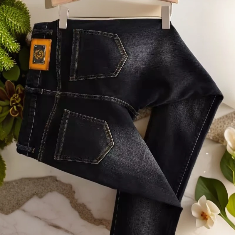 维斯克纳时尚潮牌印花植绒刺绣牛仔男款韩版修身小直筒百搭裤子