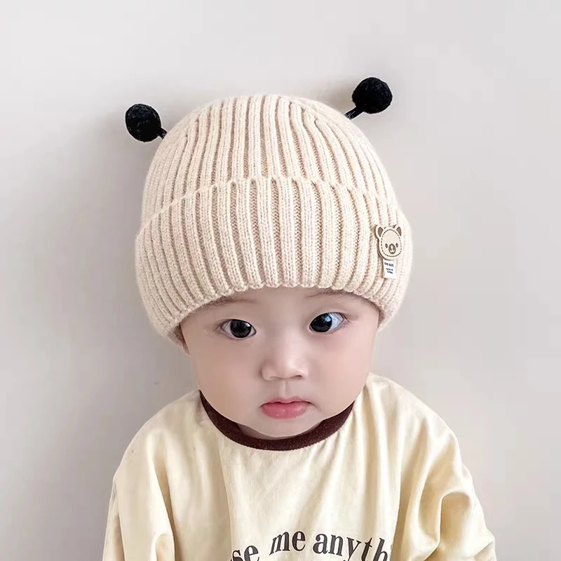 宝宝帽子秋冬季可爱小触角毛线帽婴幼儿胎帽护耳加厚针织帽套头帽