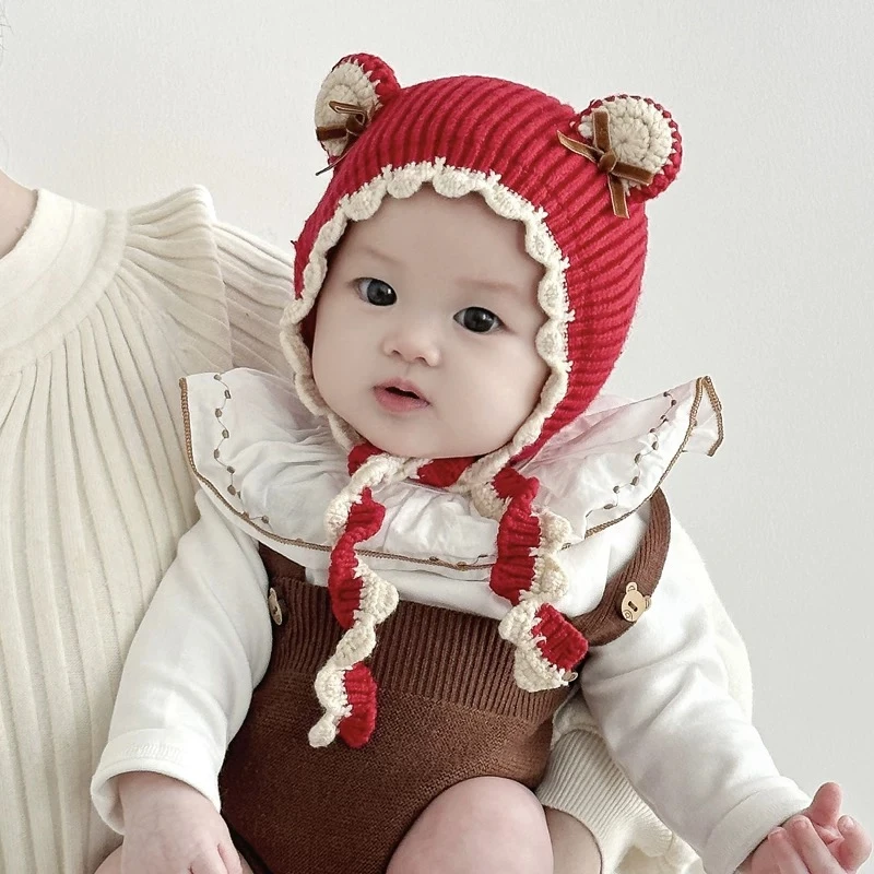 婴儿帽子冬季女孩保暖小月龄护耳帽秋冬款婴幼儿女宝宝公主毛线帽