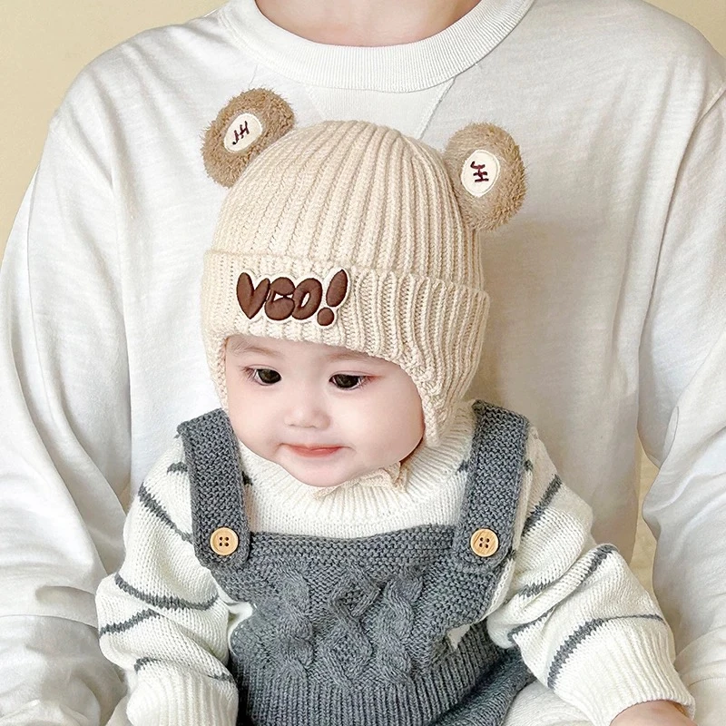 宝宝毛线帽可爱超萌护耳帽棉内衬加厚保暖包头帽秋冬款儿童针织帽