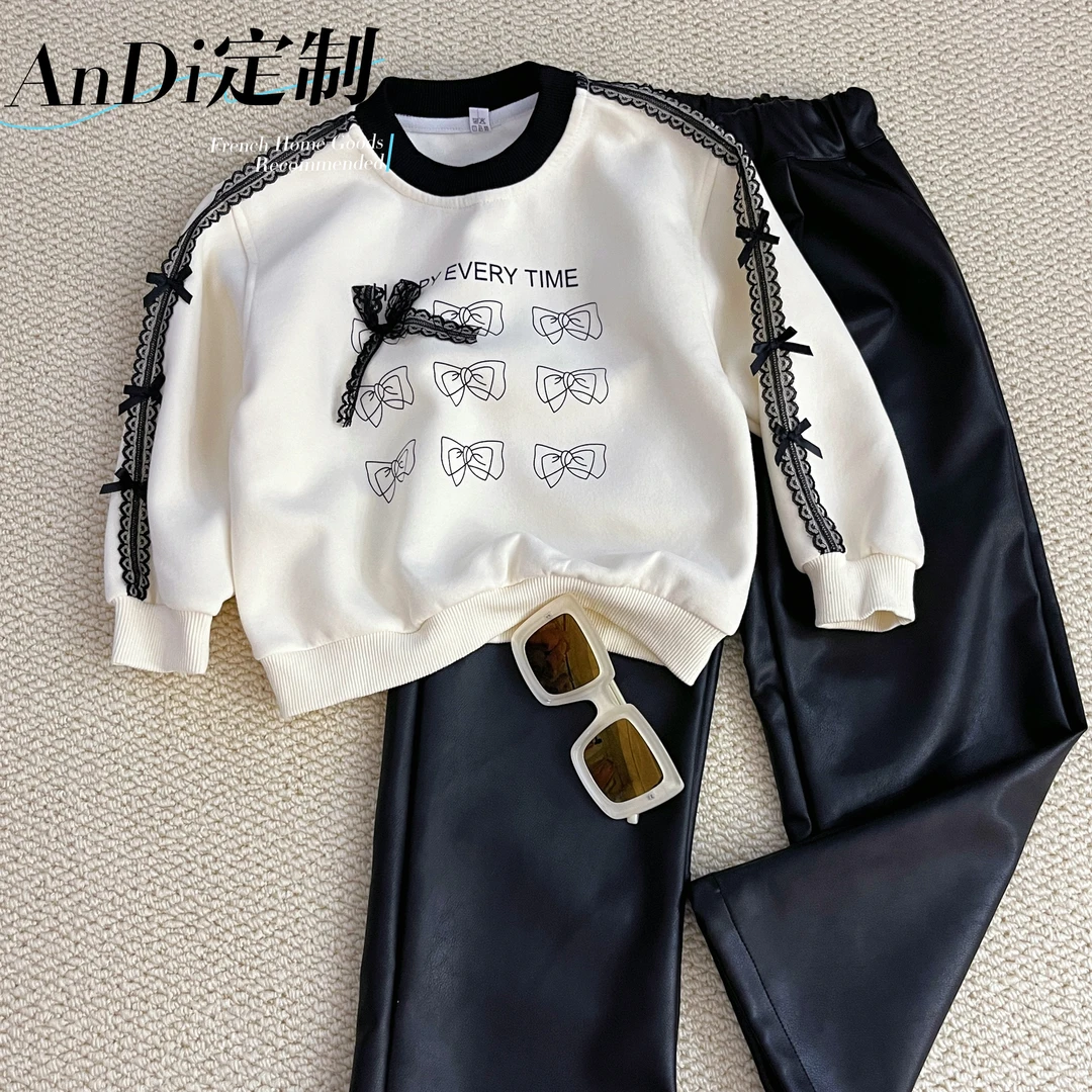 〖ANDI〗订制秋款韩系蝴蝶结卫衣直筒皮裤洋气套装2701