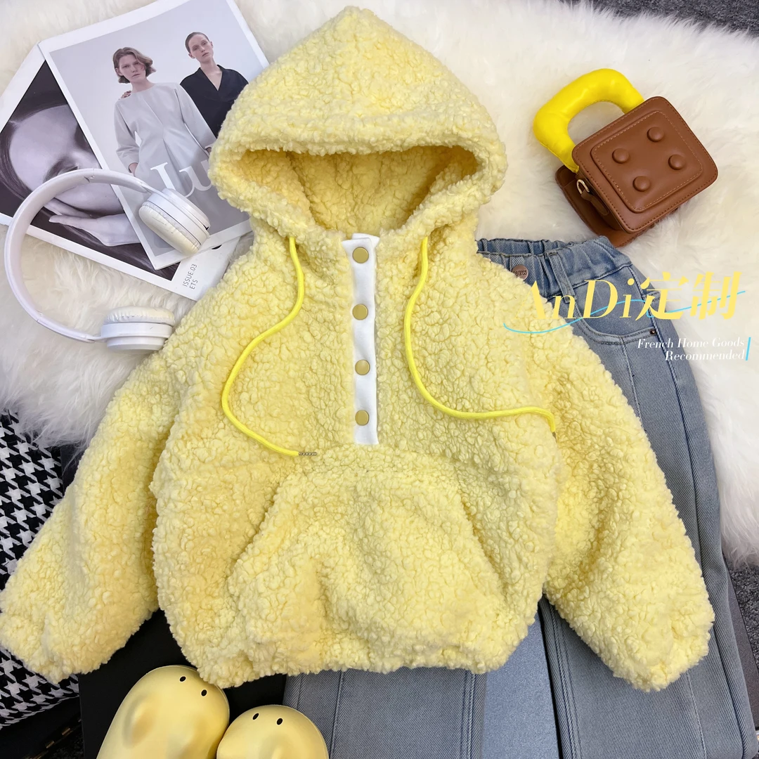 〖ANDI〗订制秋冬款中大童女童洋气韩版毛毛加厚连帽卫衣3106