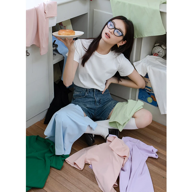 EGGKA【琉璃彩】百搭正肩圆领短袖上衣E23A3216BJ