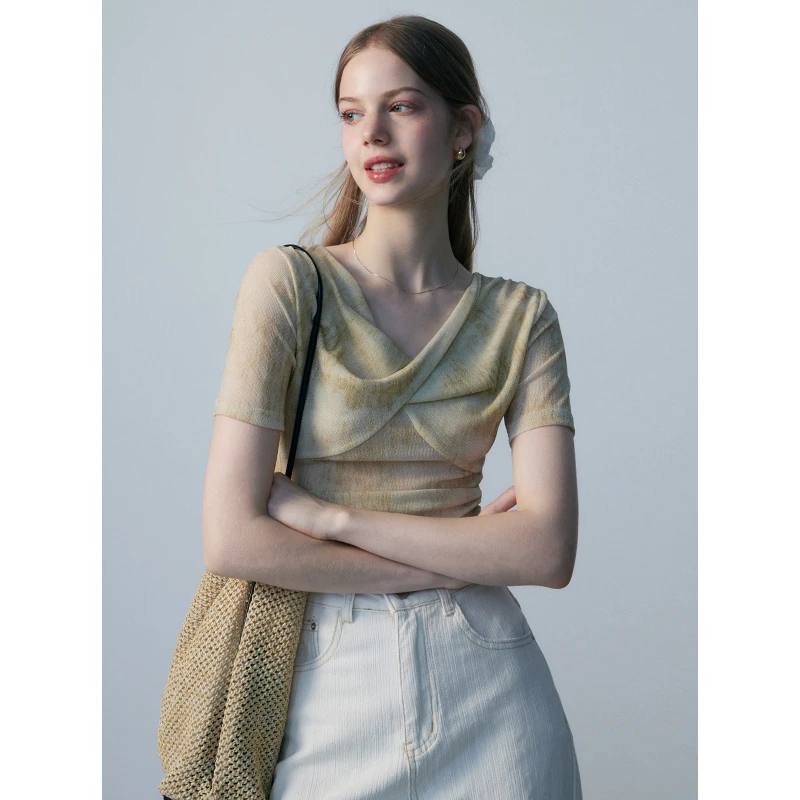 EGGKA【清清】扎染网纱扭结V领T恤女法式设计感显瘦上衣E24A3185AF