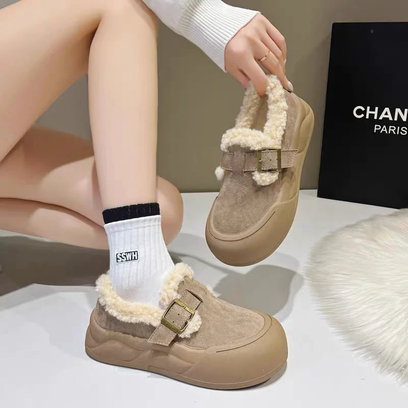 厚底勃肯鞋女毛毛鞋2024新款秋冬季百搭加绒雪地靴一脚蹬保暖棉鞋