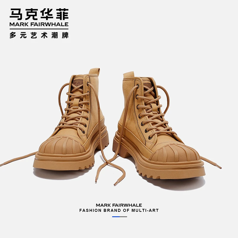 马克华菲布面男士马丁靴春季贝壳头工装鞋男款休闲皮鞋增高短靴子