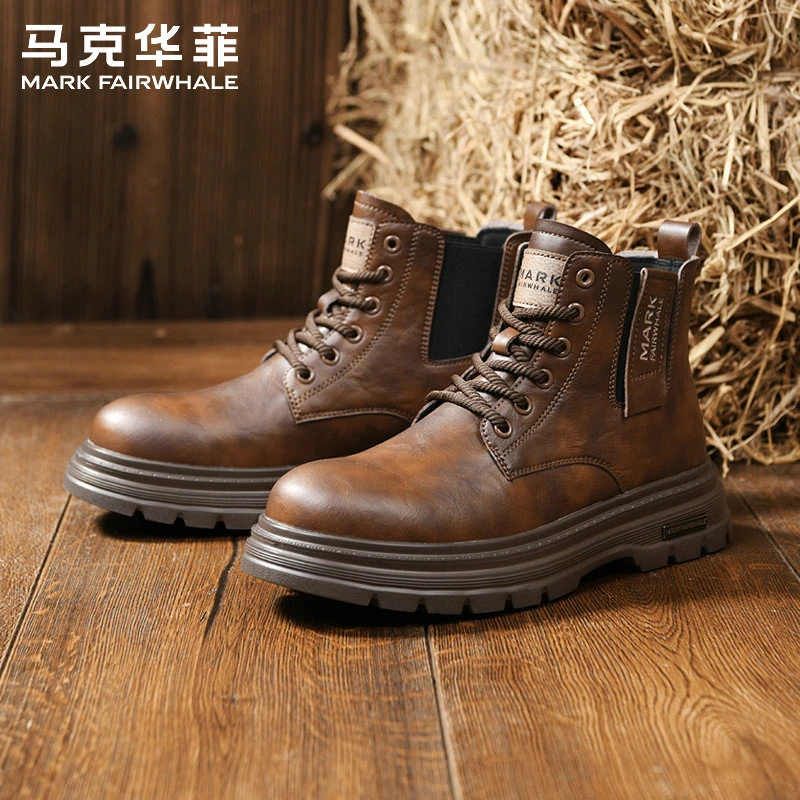马克华菲高帮切尔西靴男款2025新款复古时尚马丁靴户外工装皮靴子
