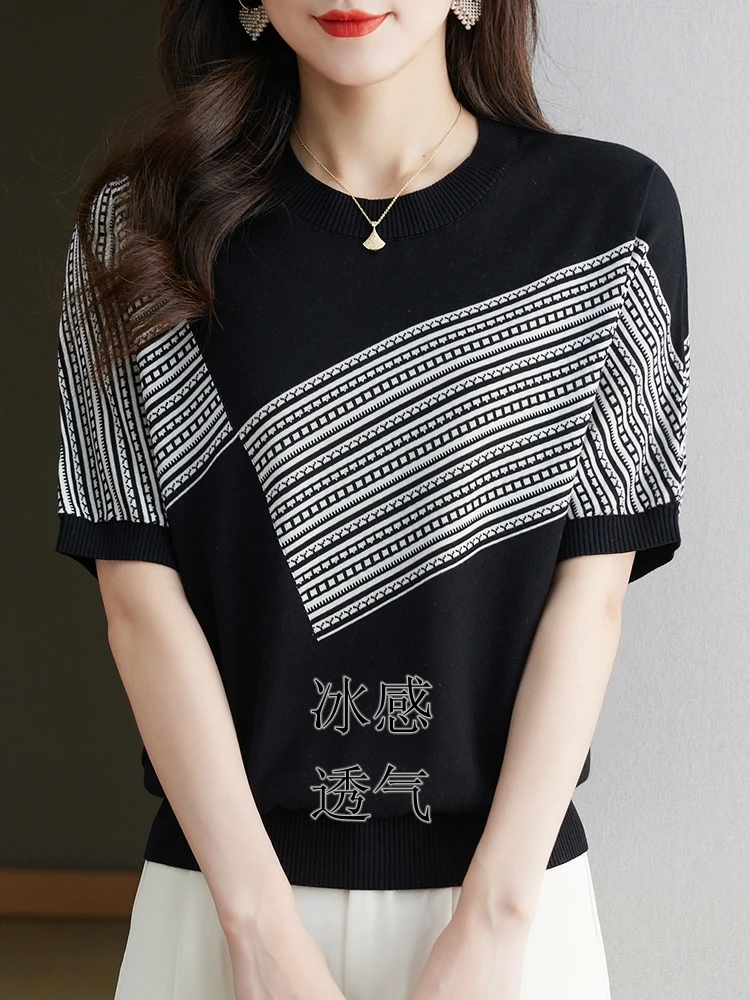 2024夏季新款时尚拼色条纹短袖套头宽松女款针织衫显瘦减龄款薄款
