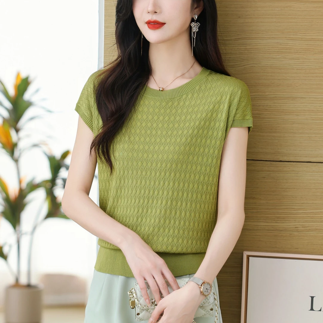 【100天丝】薄款短袖圆领针织T恤衫舒适凉爽夏季百搭女士气质上衣