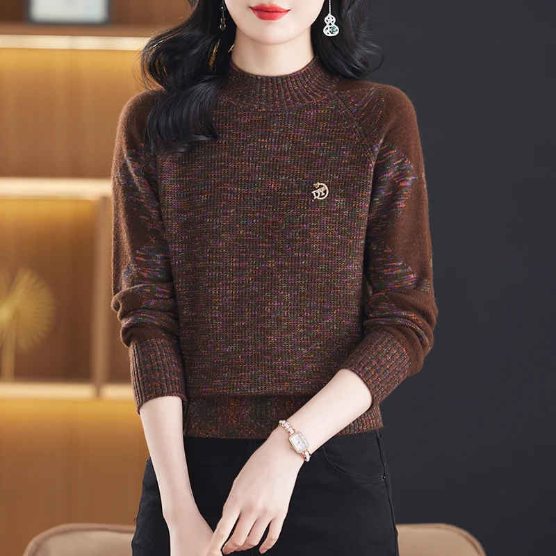 羊毛衫女半高领加厚保暖毛衣短款花纱长袖针织衫百搭时尚打底衫