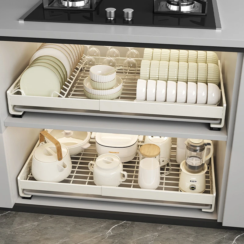 柜碗碟架厨房下水槽抽屉式可伸缩沥水架免打孔抽拉碗碟收纳置物架
