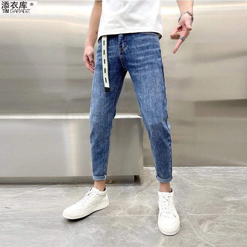 男士牛仔裤直筒韩版春秋潮流弹力修身小脚百搭浅蓝男士休闲长裤子