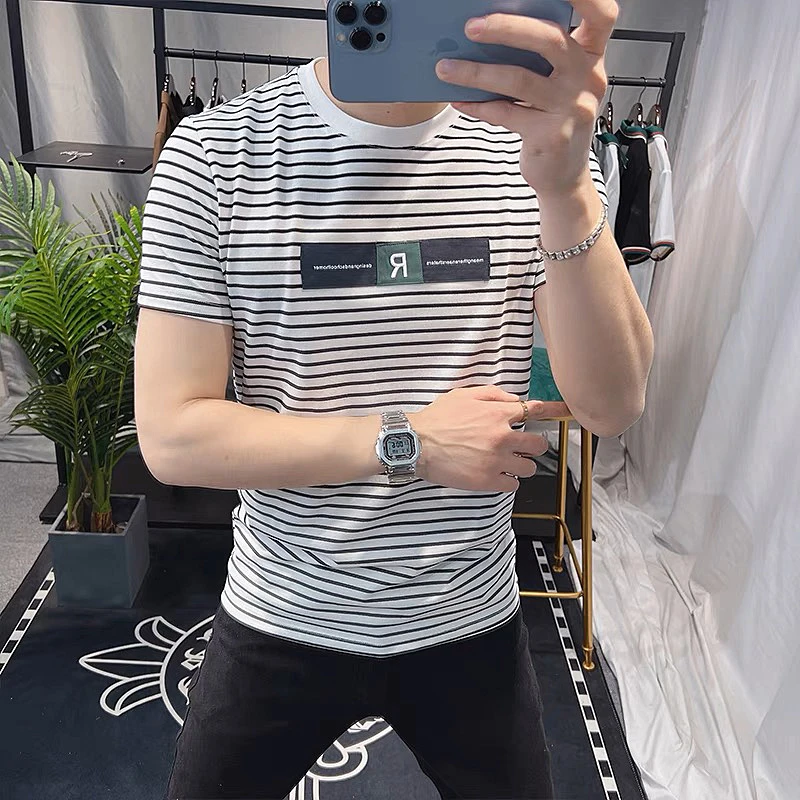 条纹t恤男短袖韩版夏季男士个性潮流半袖体恤修身圆领上衣时尚