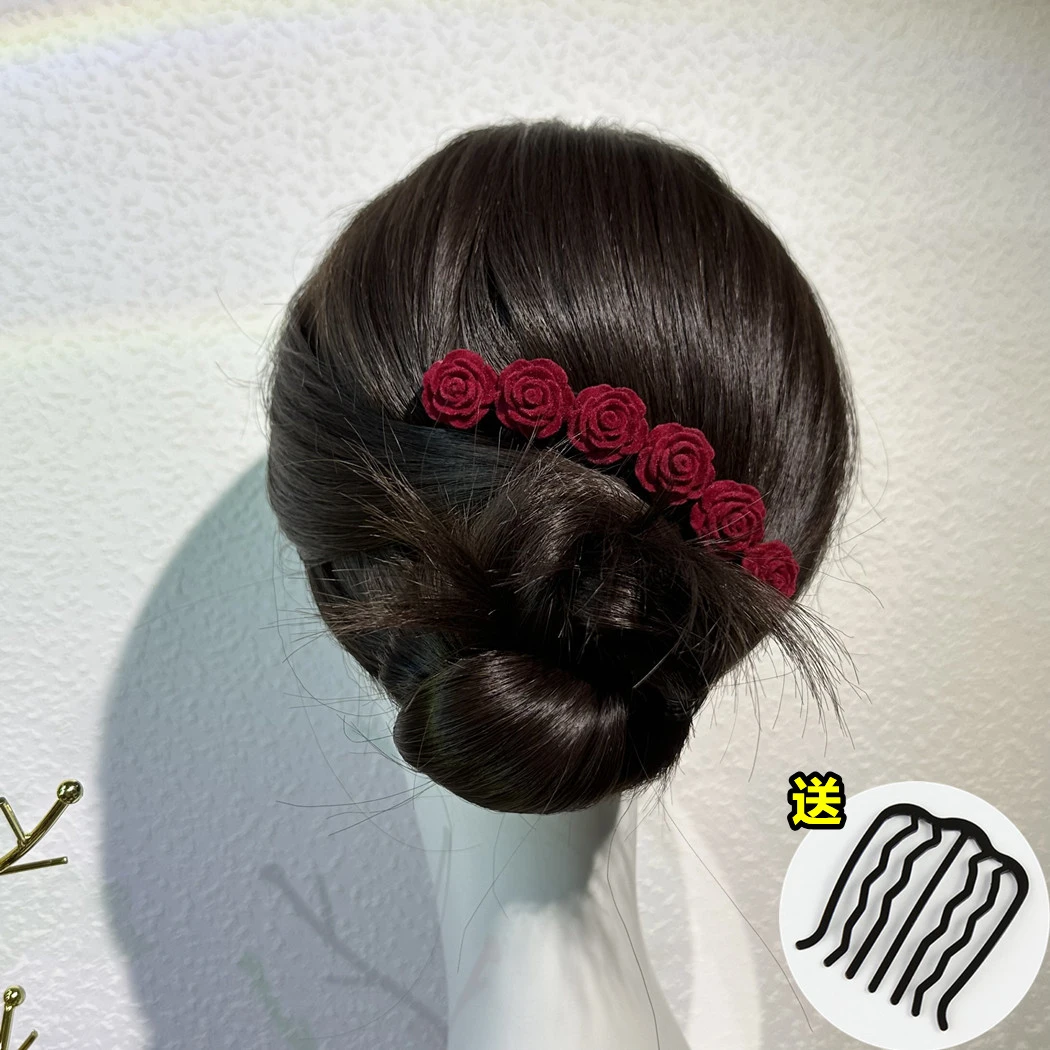 高级复古红玫瑰气质植绒插梳簪子~送七齿盘发器