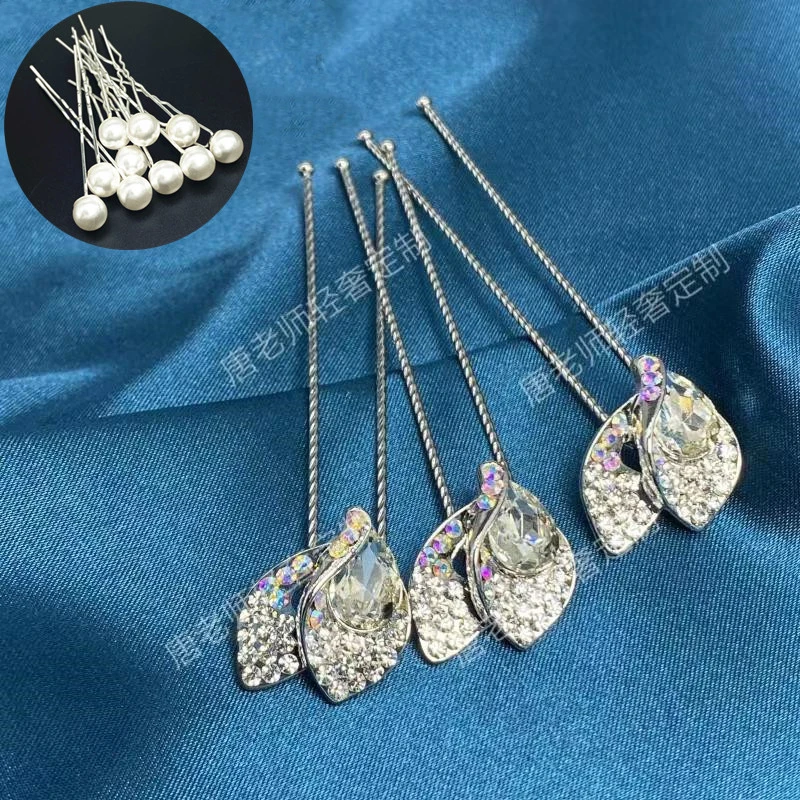 铁合金莫桑石发饰 唐老师定制（3支装）捷克钻花瓣插针手工盘发簪子