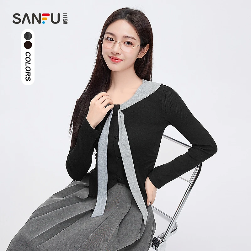 三福长T恤2024冬季撞色圆领绑带开叉摆短款上衣女装497043