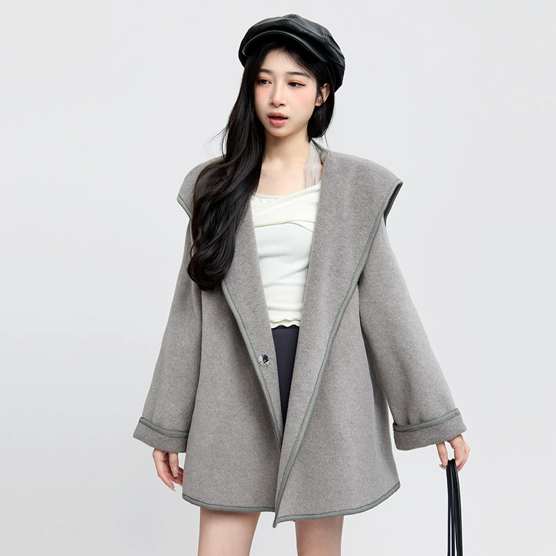 三福 冬季两面呢网红轻熟大翻领设计宽松时尚上衣加厚外套494855