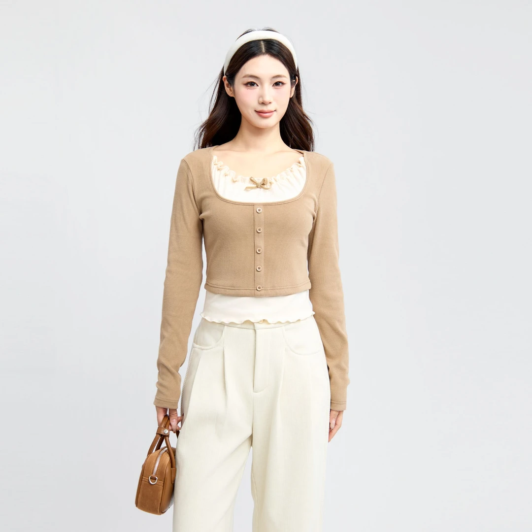 三福 冬季蝴蝶结装饰撞色假两件显瘦时尚百搭上衣女装 496269