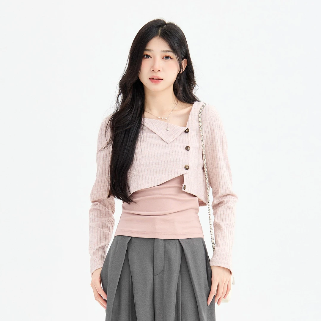 三福 秋季气质长袖翻边两件套休闲设计师休闲长袖时尚拼接 491781