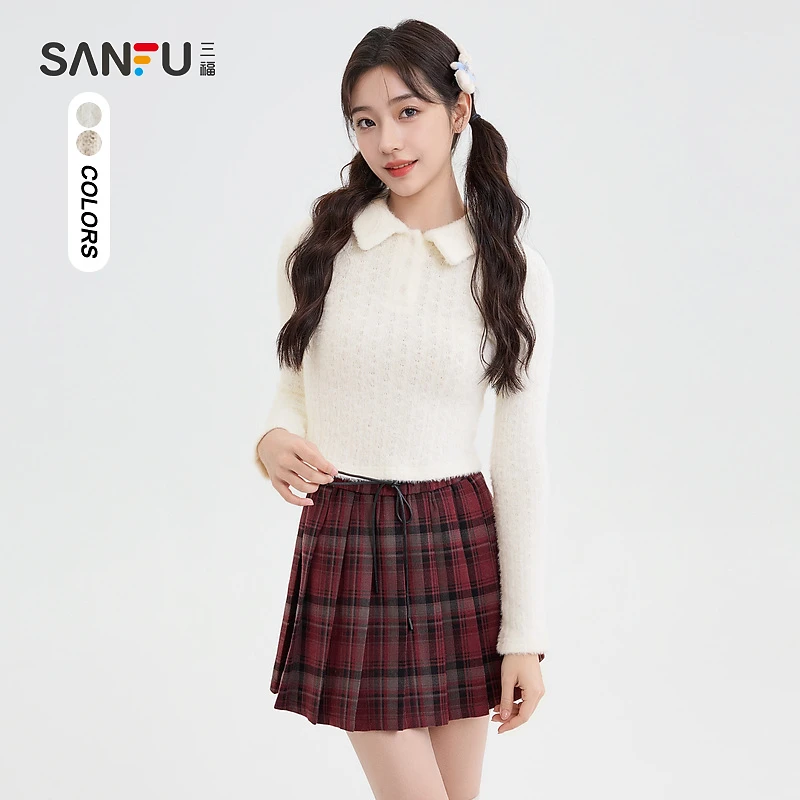 三福长T恤2024冬季简约翻领优雅时尚休闲上衣女装495932