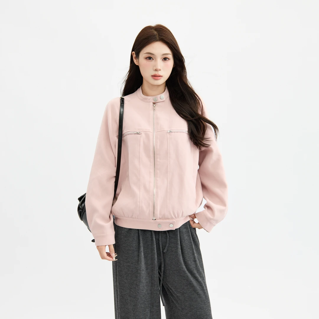 三福 秋季美式机车风短款高级感时髦显瘦时尚立领外套493023