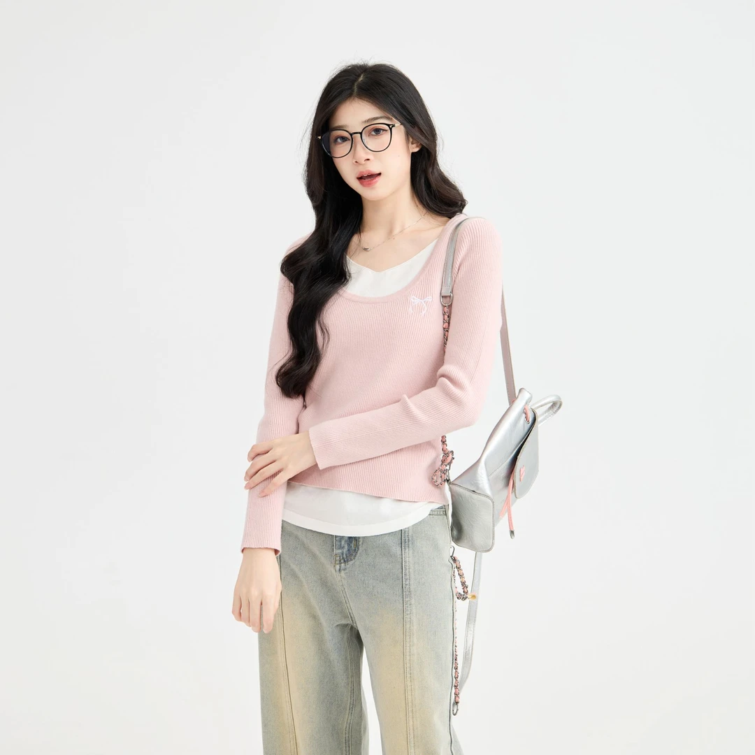 三福 秋季假两件刺绣毛织衫长袖软糯亲肤显瘦百搭打底衫 492296