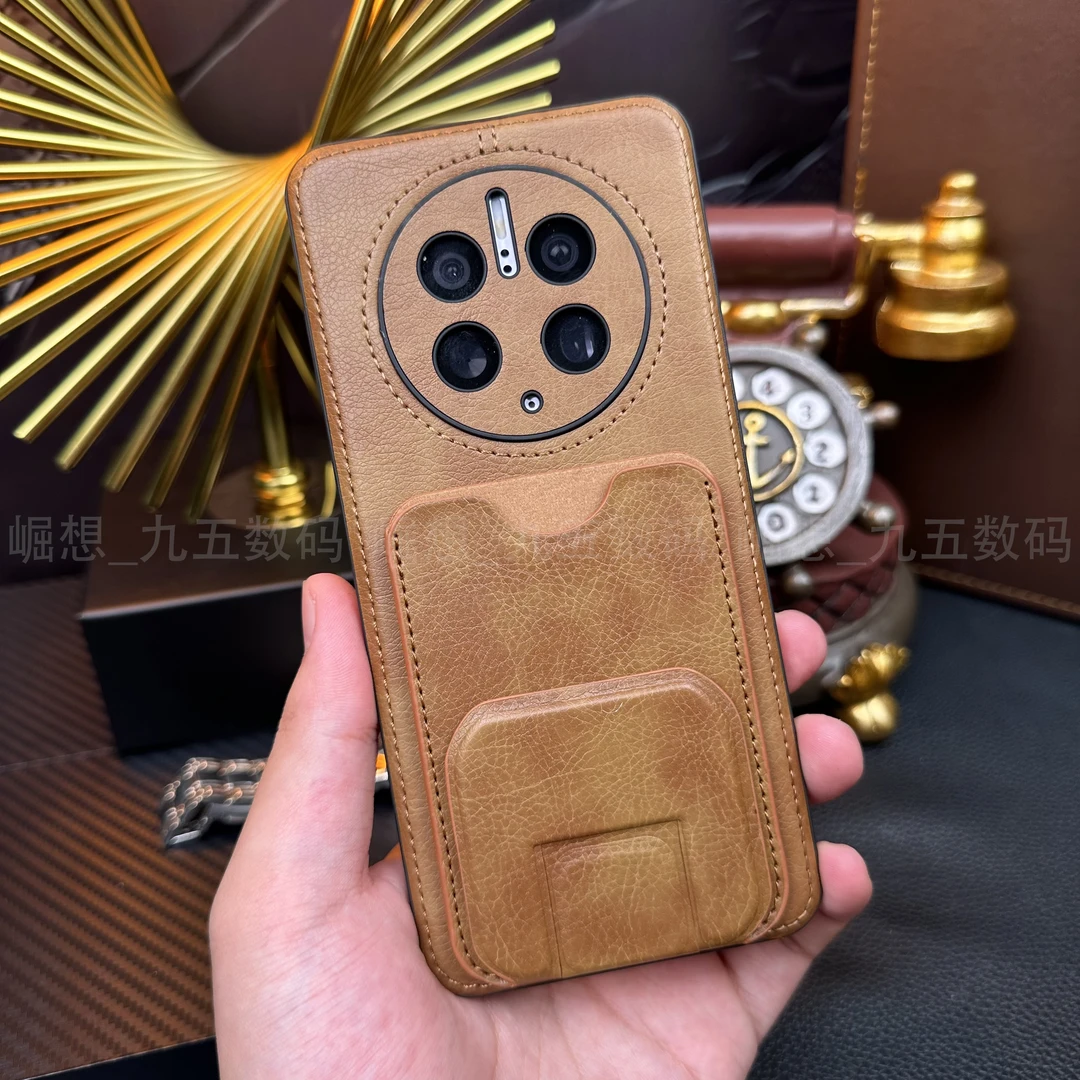 适用华为Mate50Pro【亲肤皮革+便携卡包支架】皮革防指纹手汗支架壳