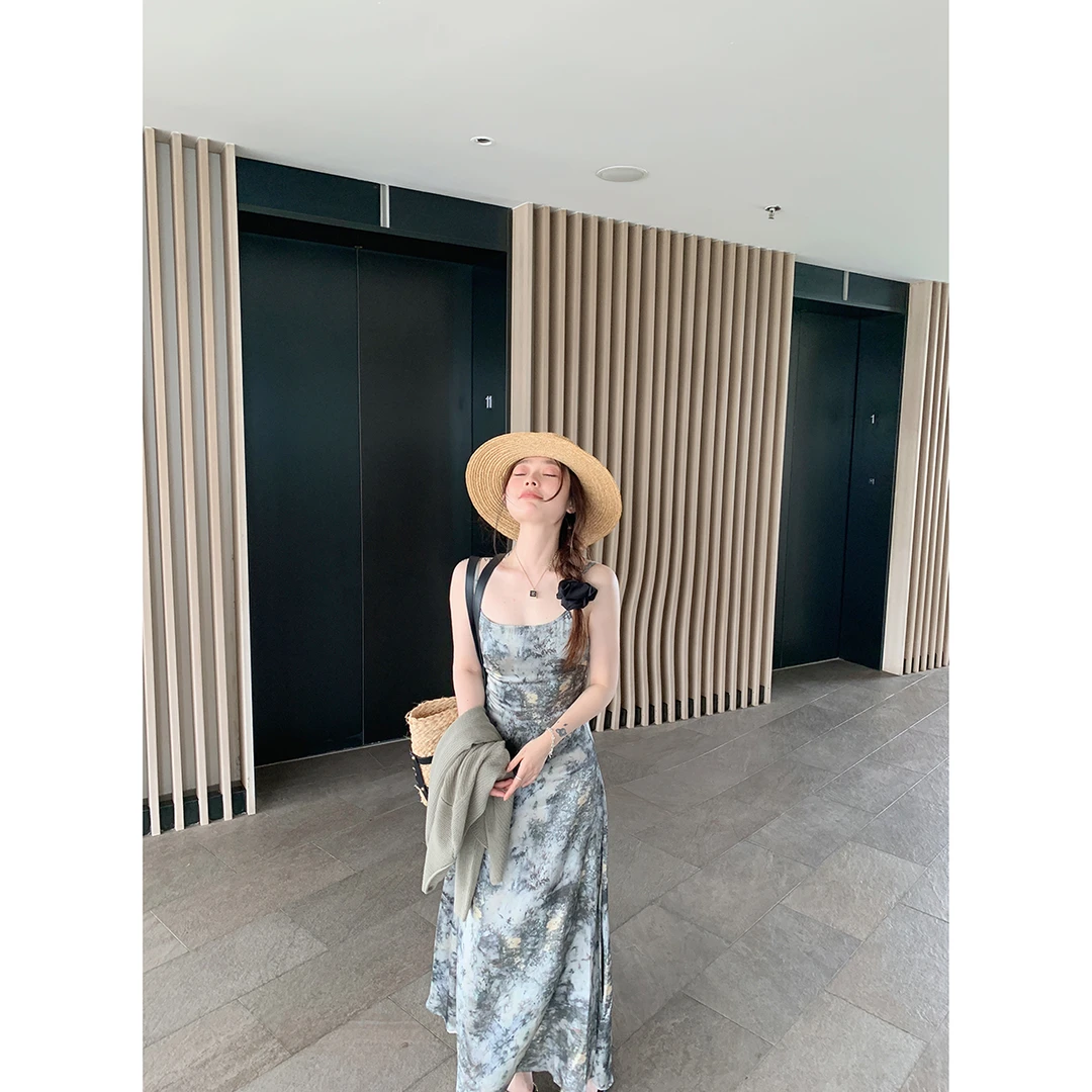 EVNSTYLE春夏新款水墨印花中长款吊带抹胸缎面植物染人丝连衣裙女