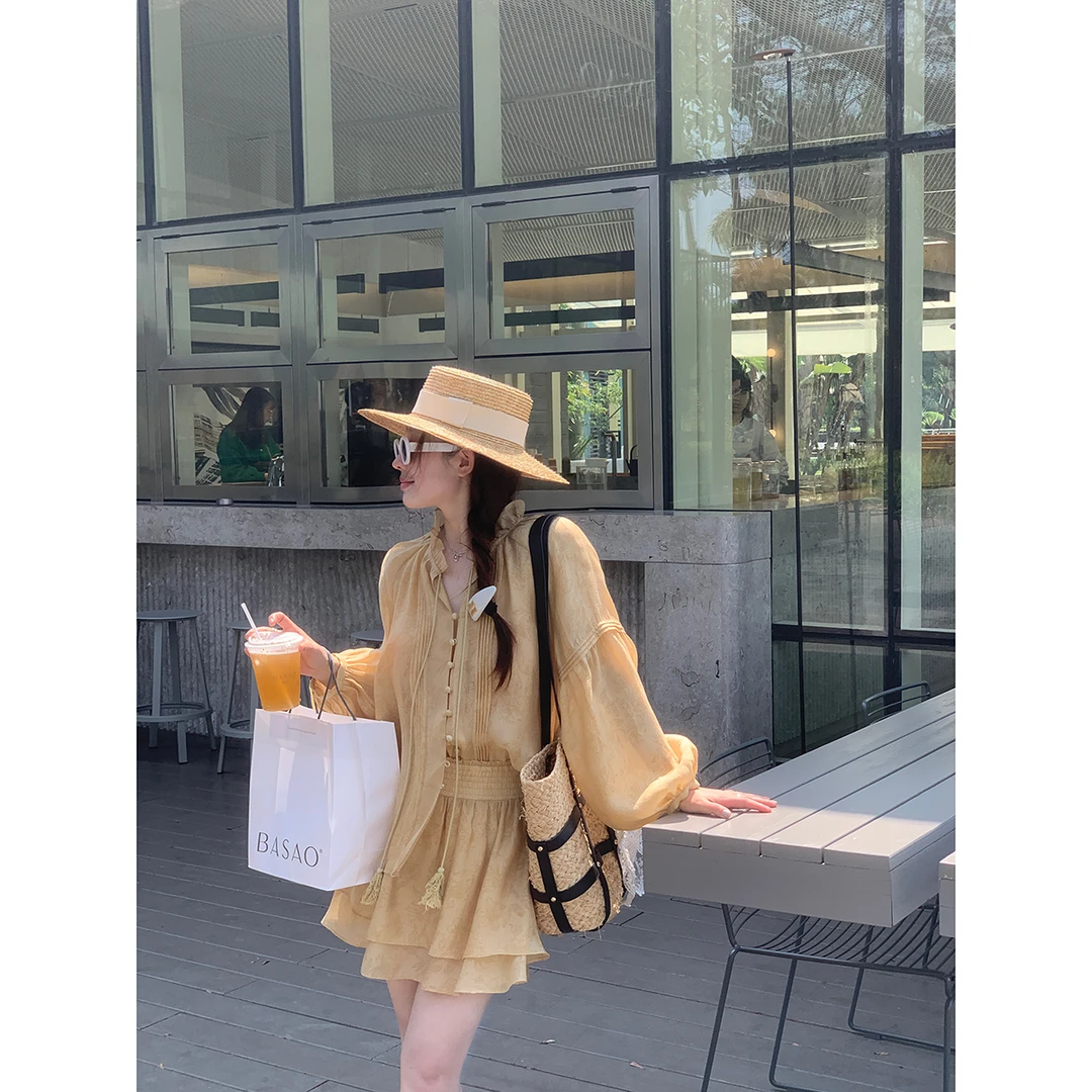 EVNSTYLE “半岛图腾”长袖防晒国风衬衫荷叶边短裙裤中式套装女