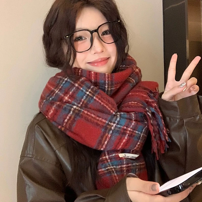 新款氛围感红色格子复古围巾女韩版百搭色围脖保暖学生情侣圣诞节