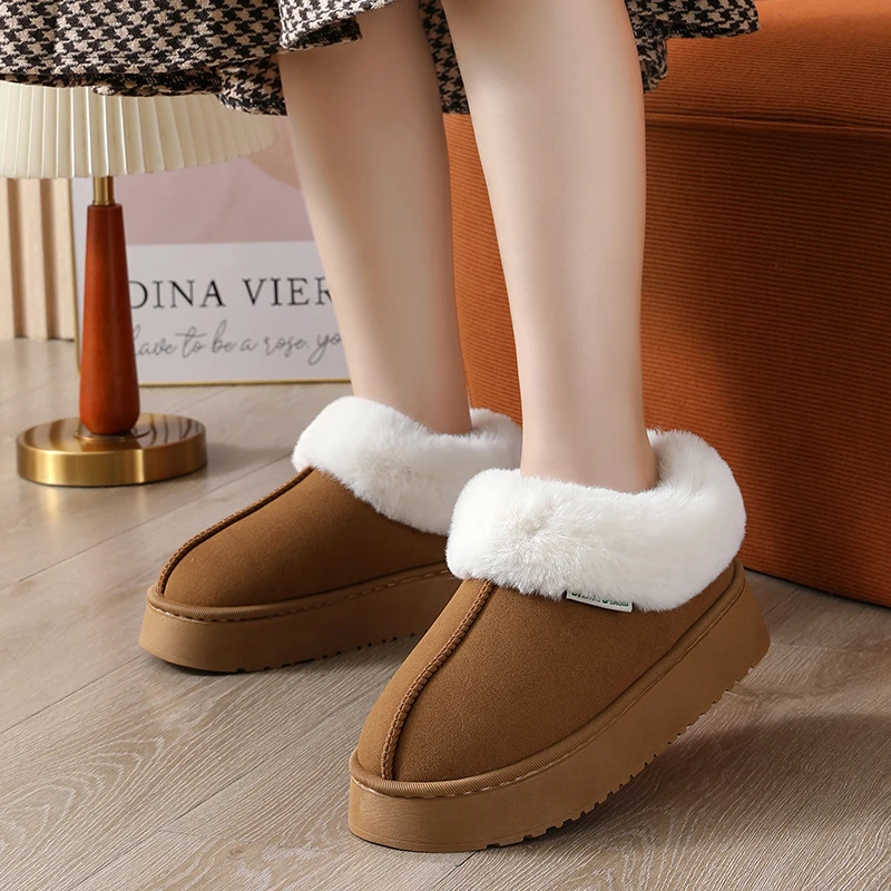鹿皮绒秋冬季棉鞋女士居家外穿舒适加厚包跟毛毛拖鞋时尚百搭防滑