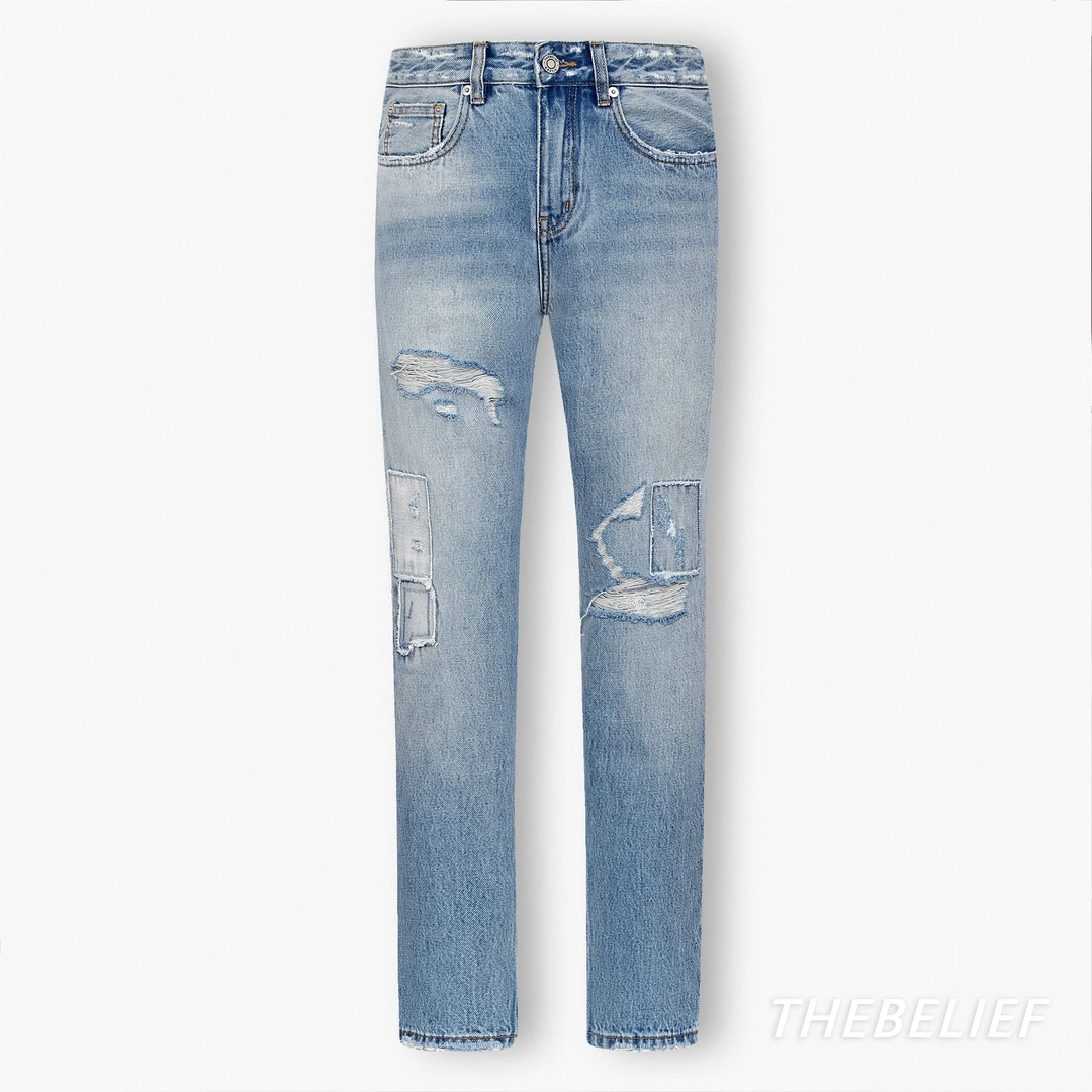 嘉誉成衣/23506#重磅贴布拼接设计浅蓝撕裂破坏破洞直筒牛仔裤男