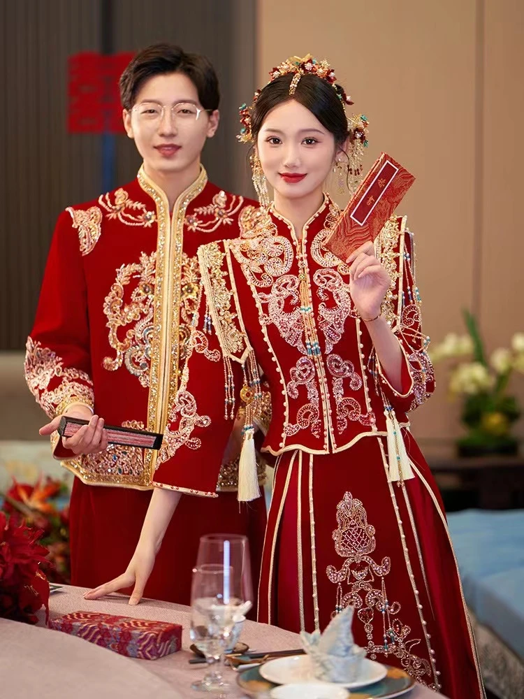 秀禾服2024新中式新品显瘦中式嫁衣修身立体复古缎面复古出阁结婚